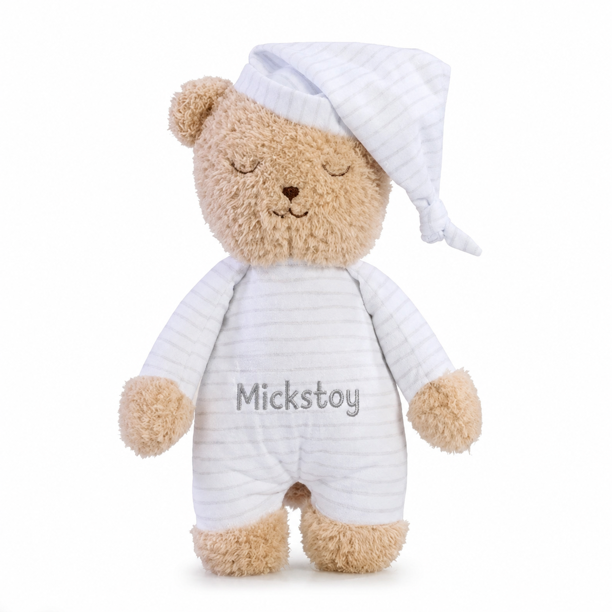 Mickstoy bedtime teddy bear plush toy wearing a white striped outfit and nightcap on a white background