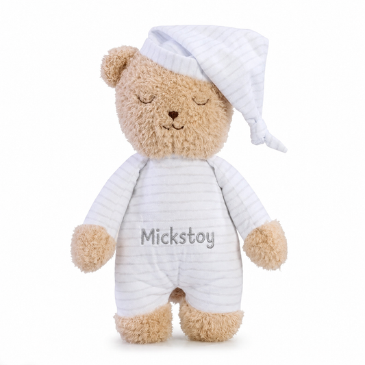 Mickstoy bedtime teddy bear plush toy wearing a white striped outfit and nightcap on a white background