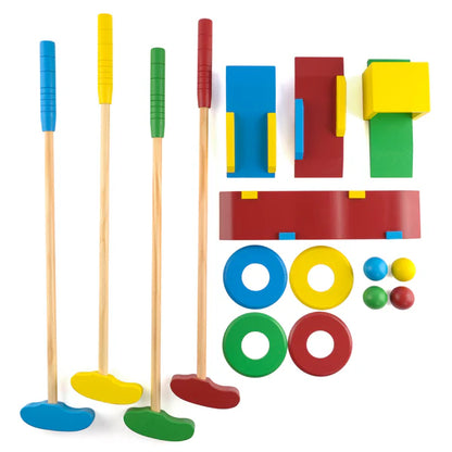 Kids Wooden Croquet Game Set with Colourful Mallets, Balls and Obstacles