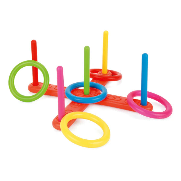 Colourful kids ring toss game set with plastic rings and pegs on a white background